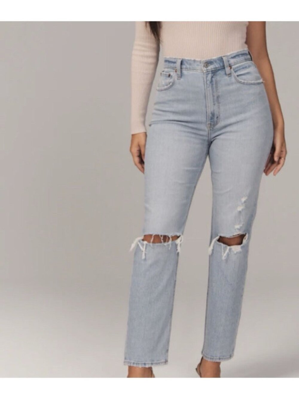 Abercrombie & Fitch Curve Love 90s Straight Ultra High Rise Ripped Blue Jeans 23
